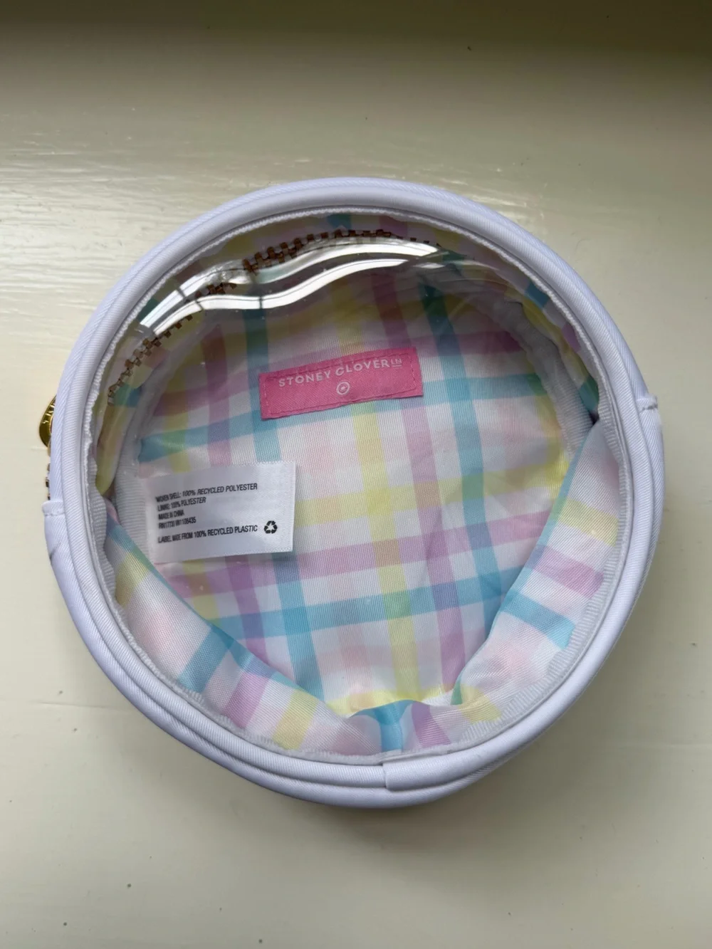 Stoney Clover Lane White Round Pouch Cosmetic Bag with Pastel Plaid Interior